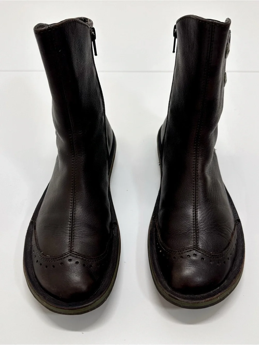 Camper Beetle Leather Side Snap Ankle Boots in Dark Brown and Green